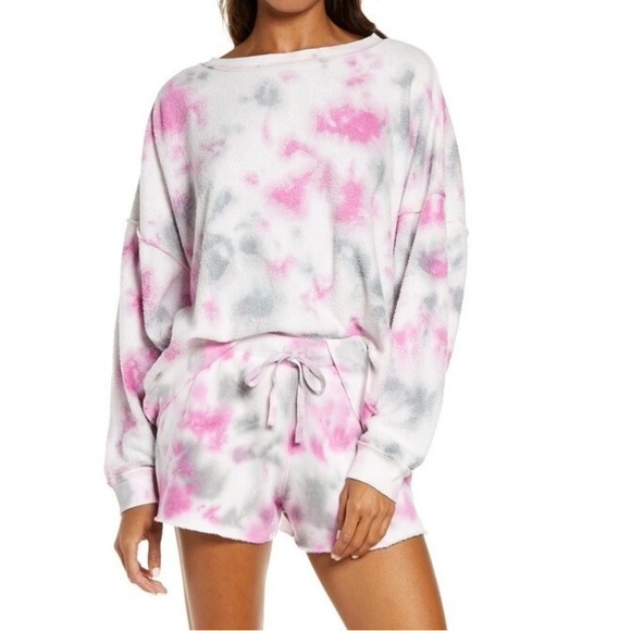 Free People Kelly Lounge Set Medium Pink Grey Tie Dye Excellent Fleece - Picture 5 of 9